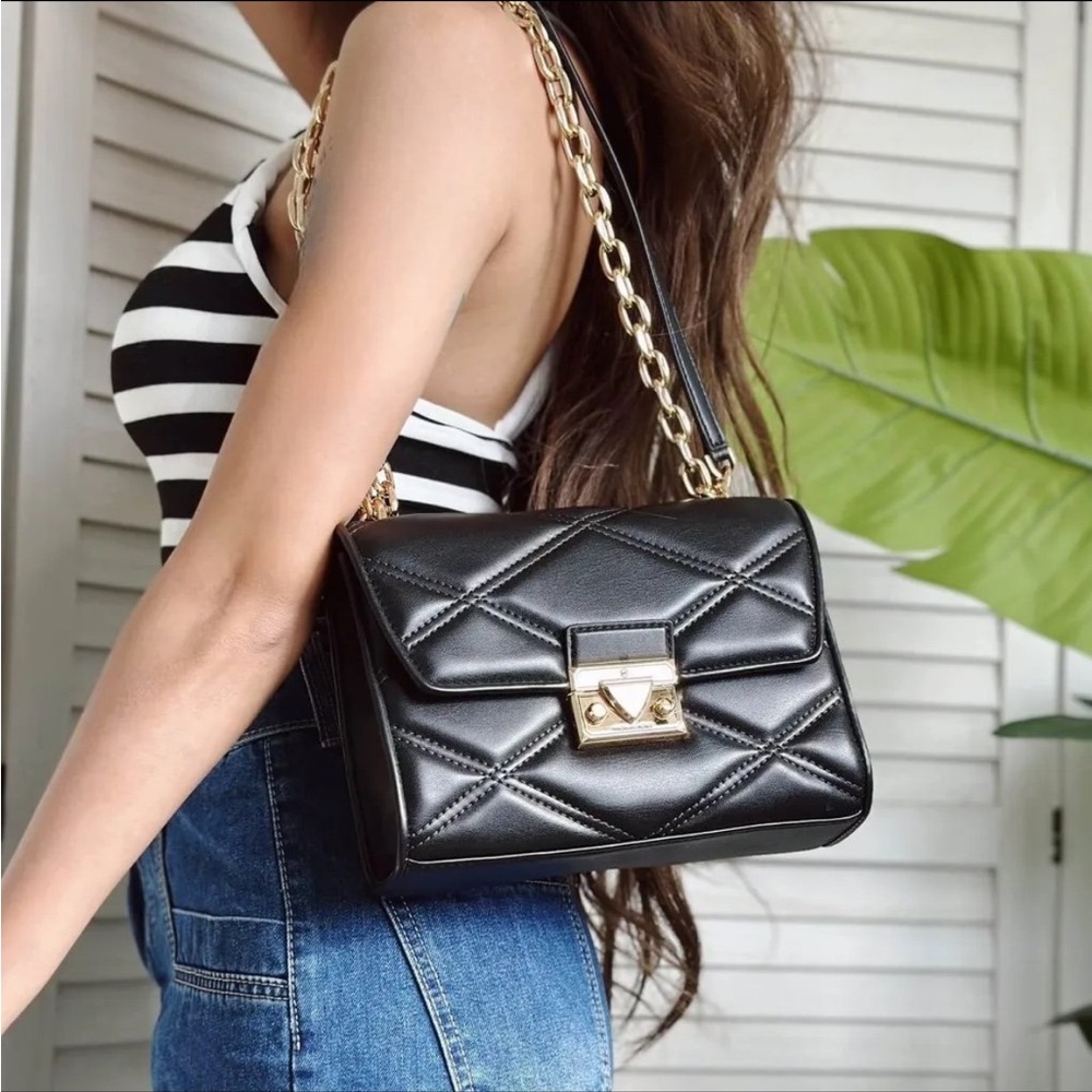 NWT Michael Kors Serena Medium Flap Shoulder Bag In Gold/Black